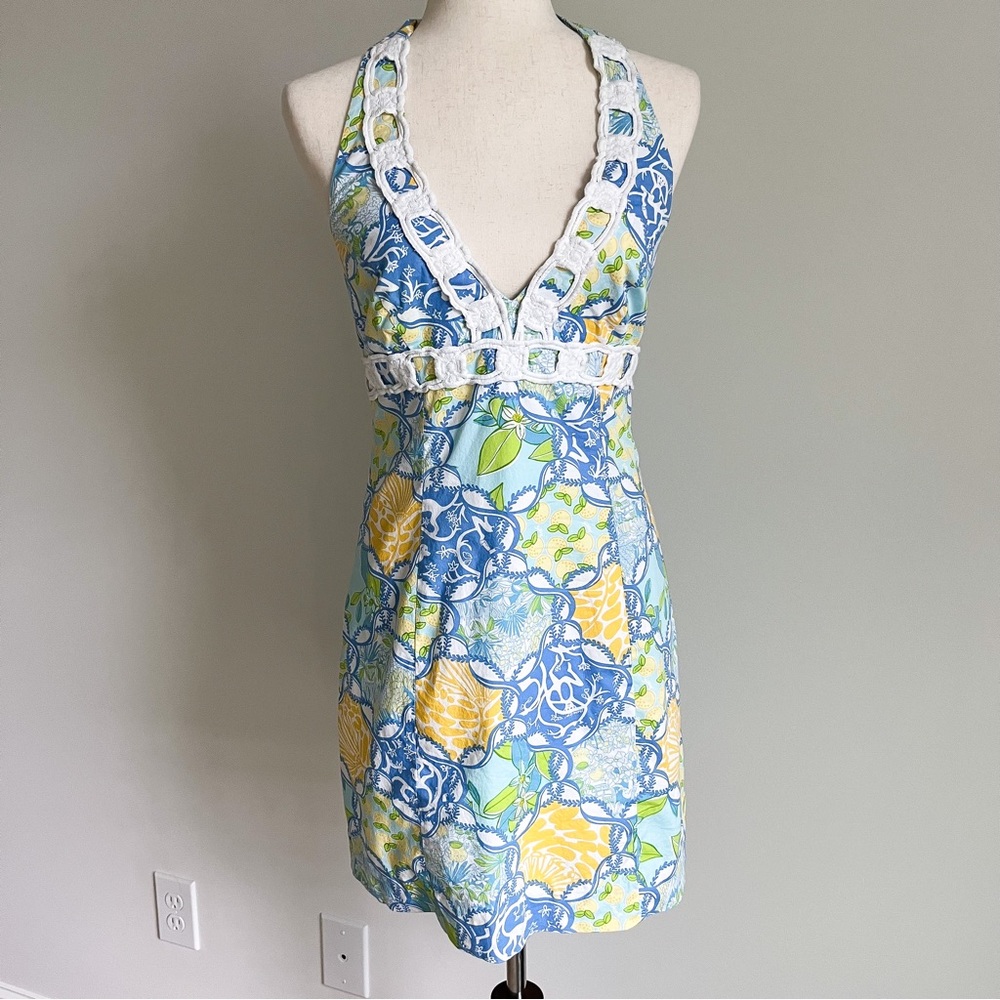 Lilly Pulitzer Shake It Up Lemon and Monkey Halter Dress Blue White Yellow
